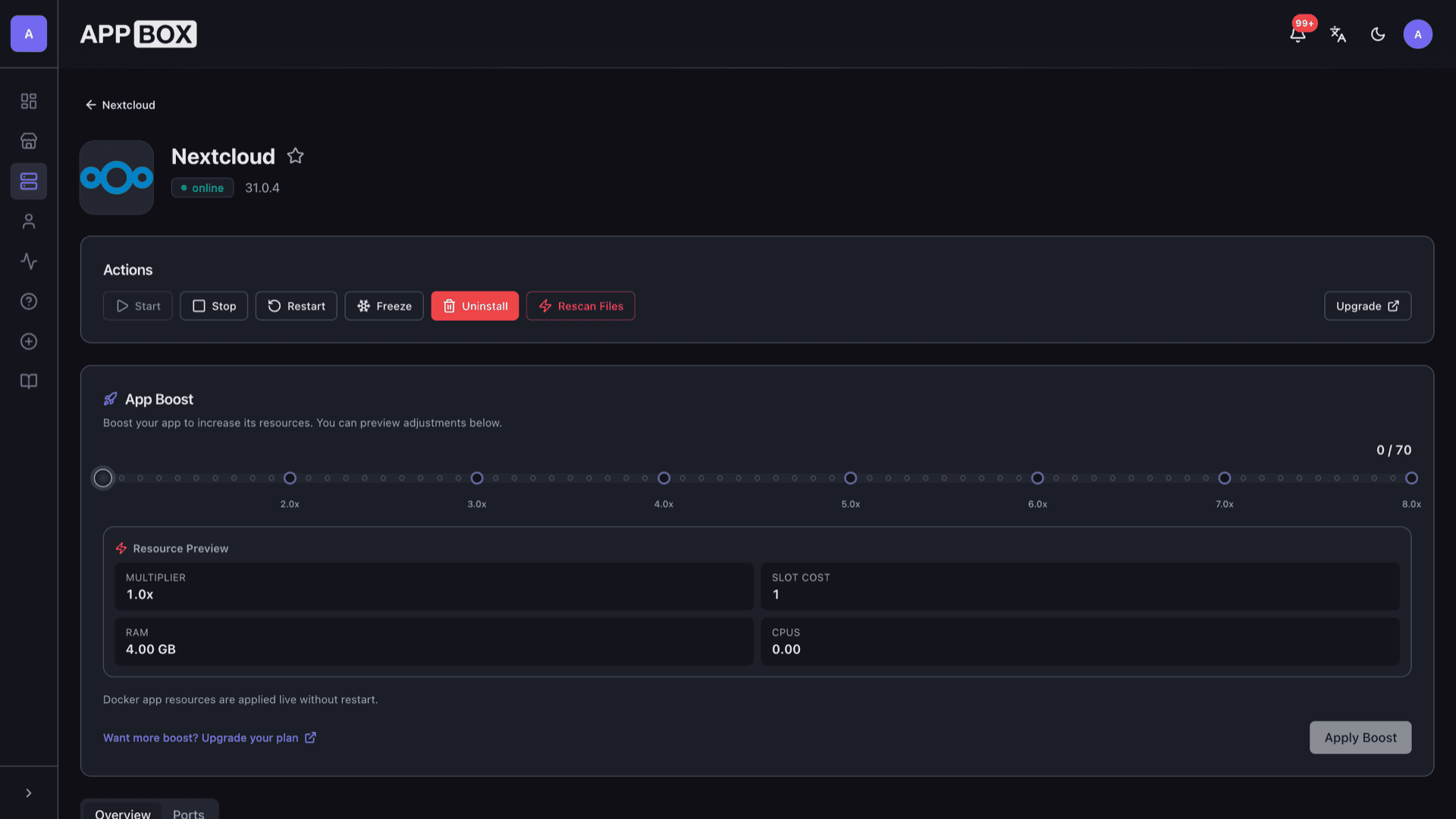 Appbox installed app Overview for Nextcloud showing version, online status, Actions, App Boost, and resource summary