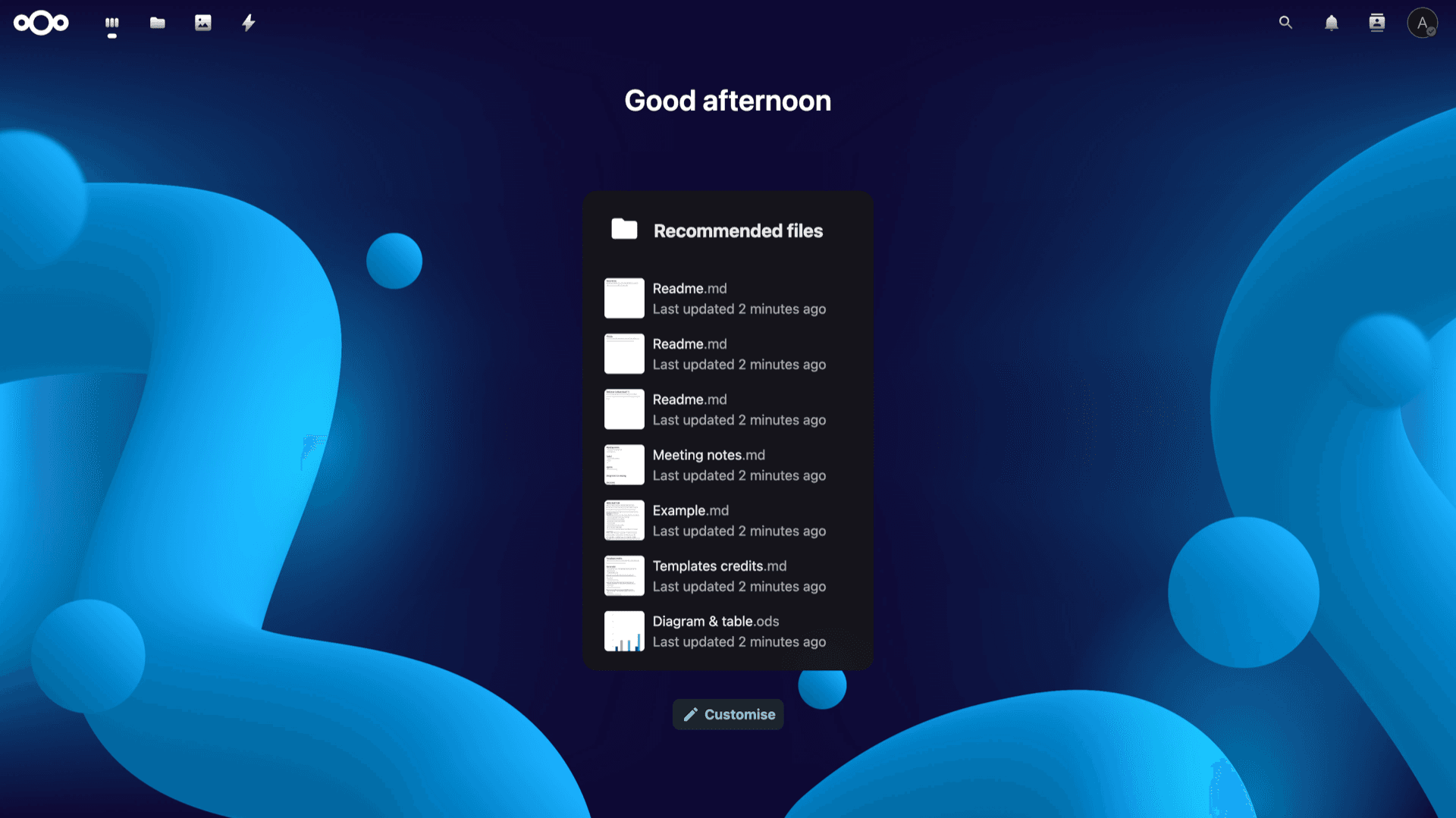 Nextcloud Dashboard with greeting and recommended files widget in the web UI