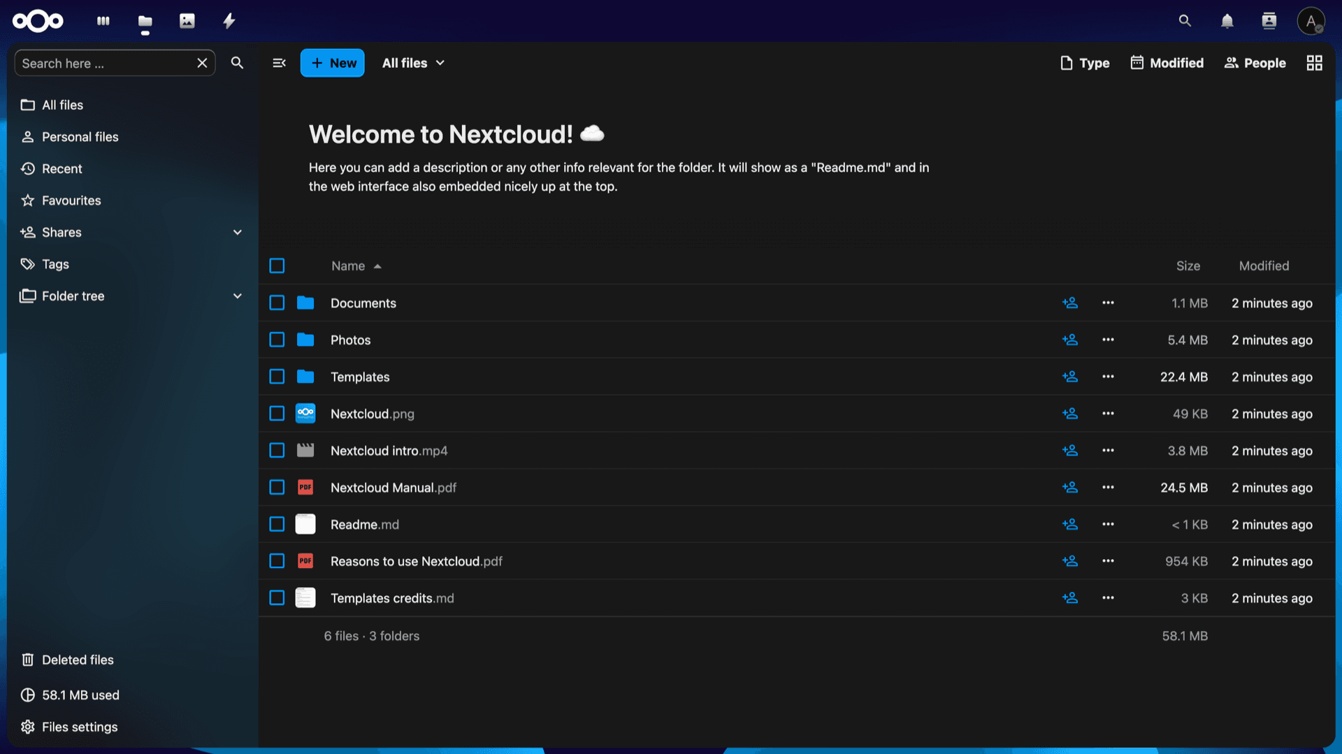 Nextcloud Files app showing default folders and file list after sign-in