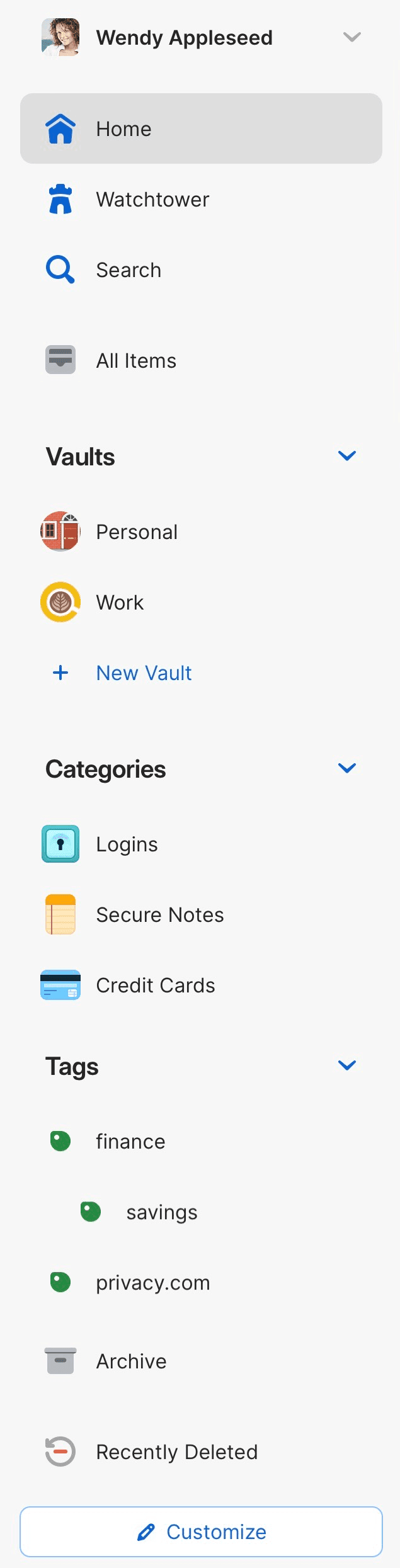 1Password interface showing vault categories and sidebar navigation