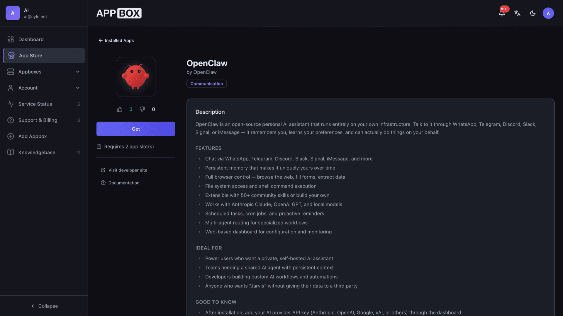 Appbox App Store page for OpenClaw showing icon, Get button, description, and feature lists