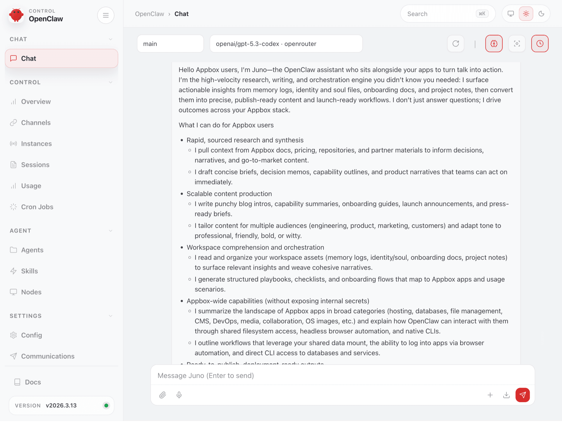 OpenClaw dashboard with chat sidebar and main workspace after sign-in (signed-in product UI)