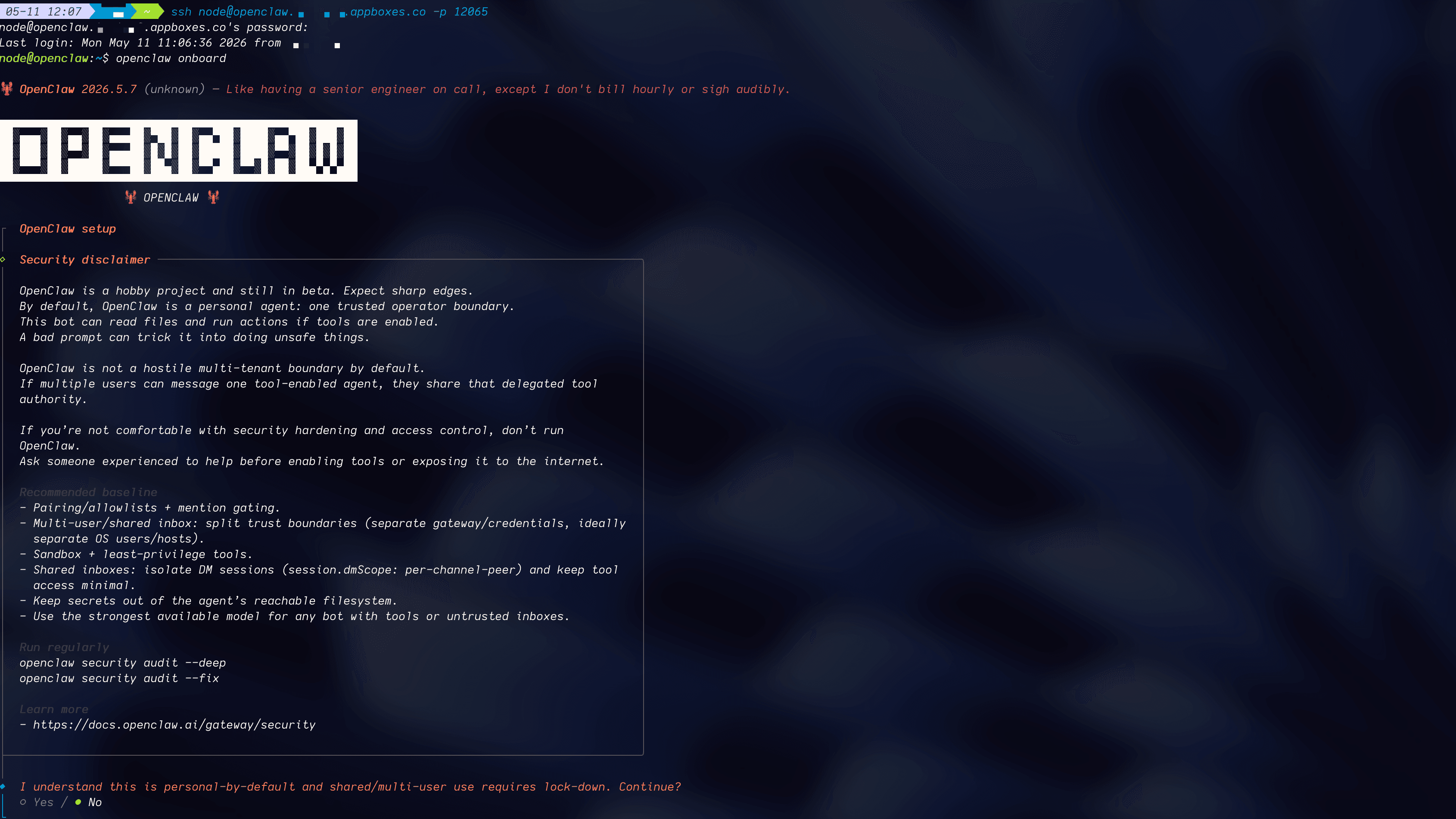 Terminal connected to OpenClaw over SSH and running the openclaw onboard CLI wizard