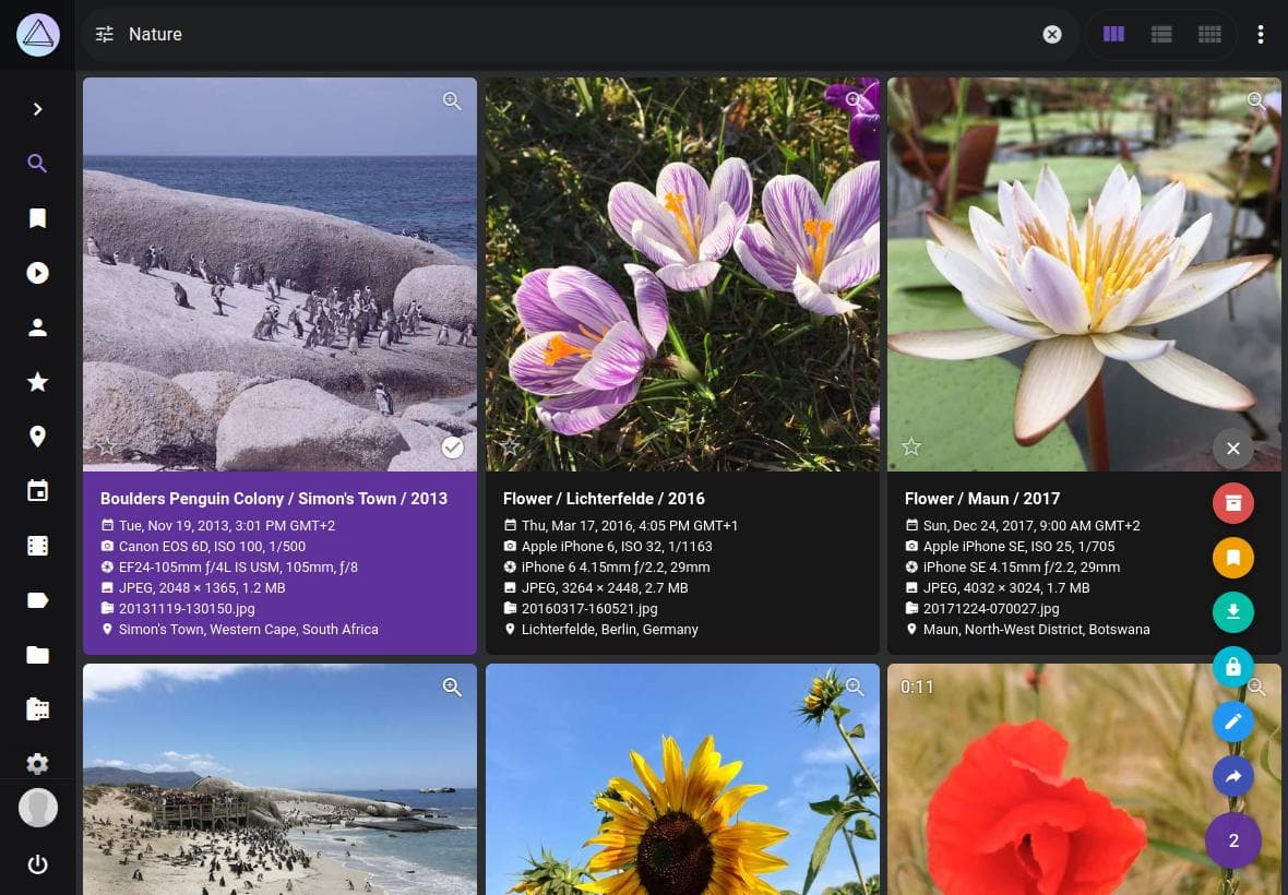 PhotoPrism desktop cards view showing a self-hosted photo library grid