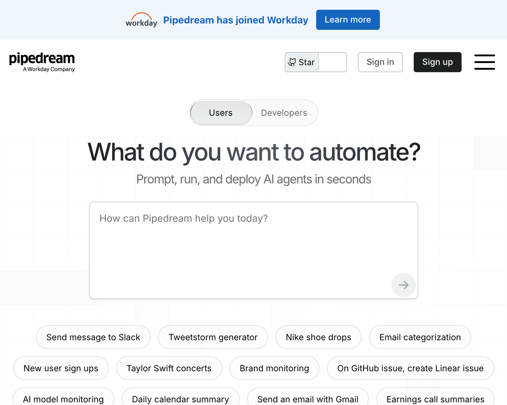 Pipedream public product page showing API and AI workflow automation positioning