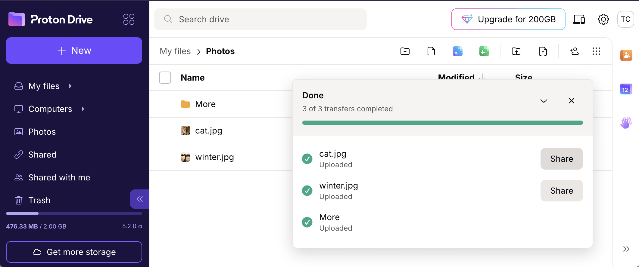 Proton Drive web interface showing uploaded folders and files in a privacy-focused cloud drive