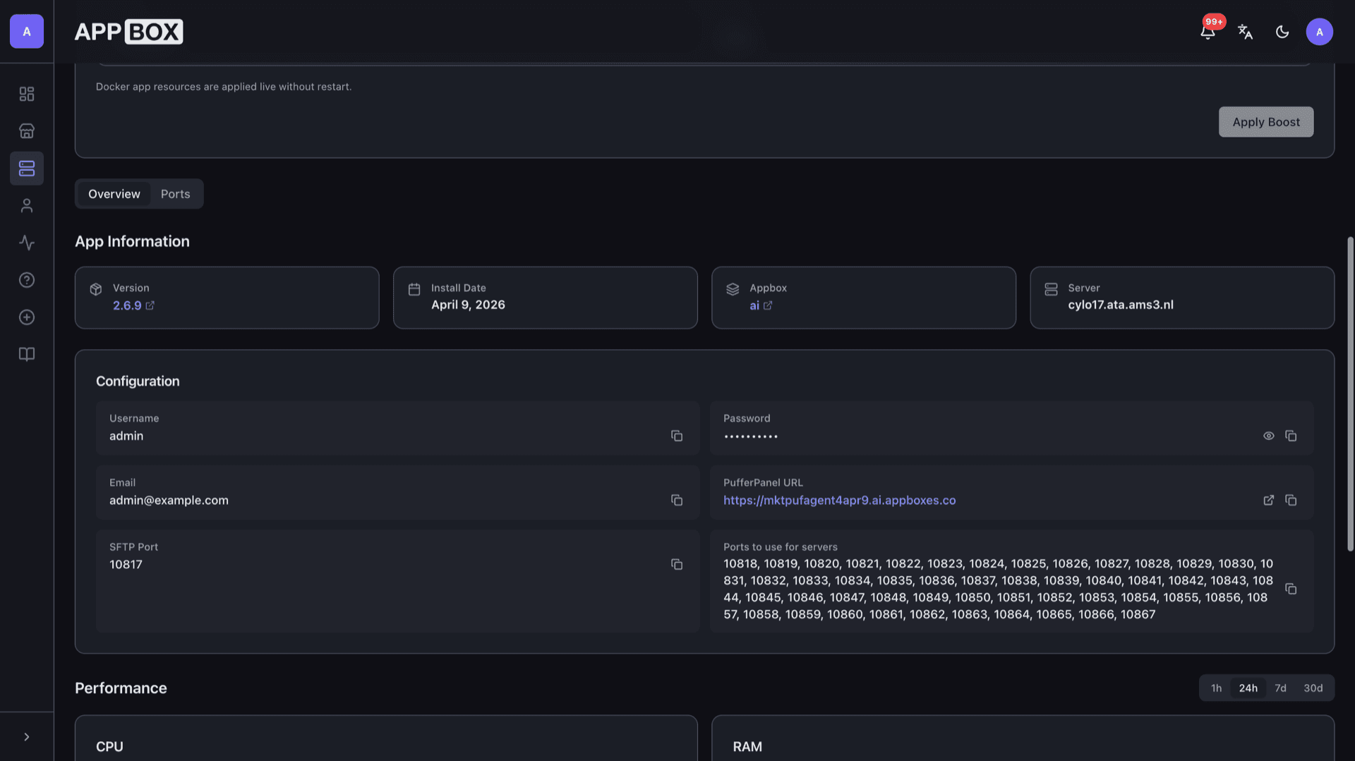 Appbox installed app Overview for PufferPanel showing Web UI link, SFTP port, and server port list
