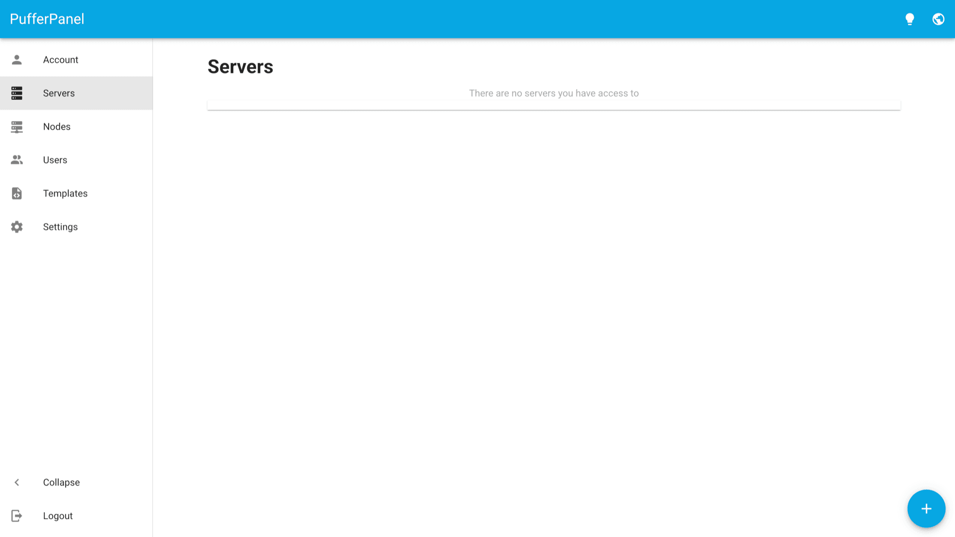 PufferPanel Servers view after login with sidebar navigation
