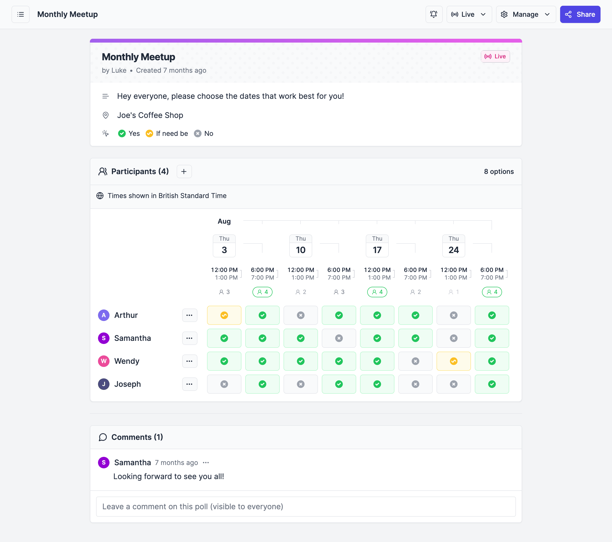 Rallly scheduling poll interface showing dates, times, and participant availability