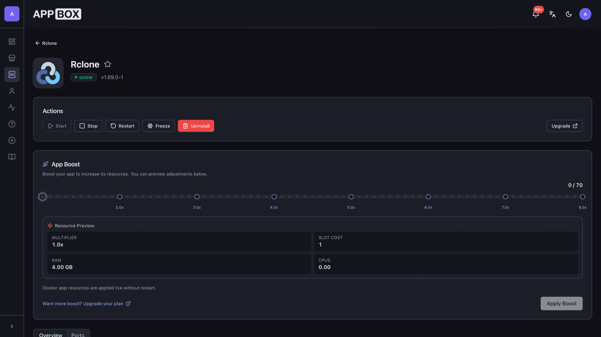 Appbox installed Rclone page with online status, Web UI link, Actions (Stop, Restart, Uninstall), and App Boost slider