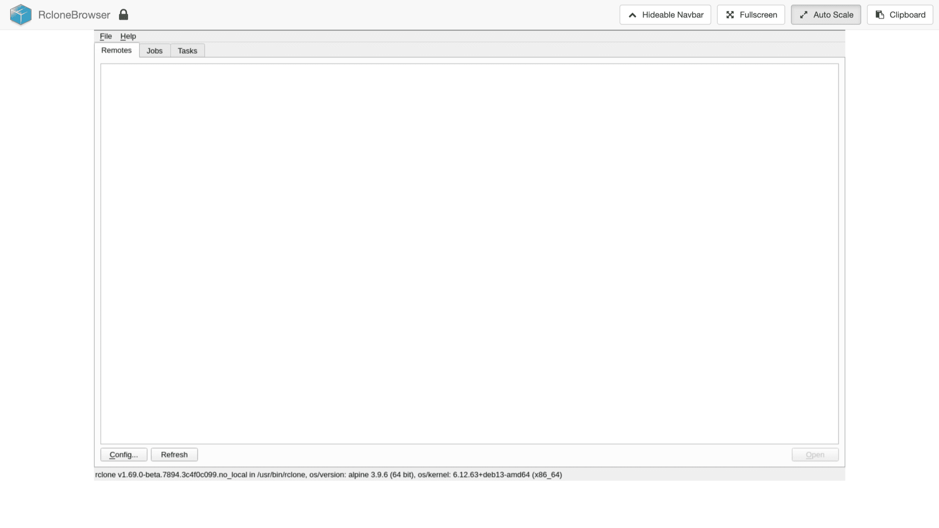 Rclone Browser in the Web UI (instance 252859) on the Remotes tab with File/Help menus, Jobs/Tasks tabs, and Config controls