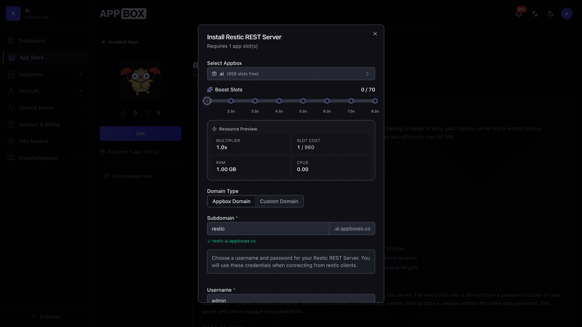 Install Restic REST Server modal with Appbox picker, boost slots, subdomain preview, and username field