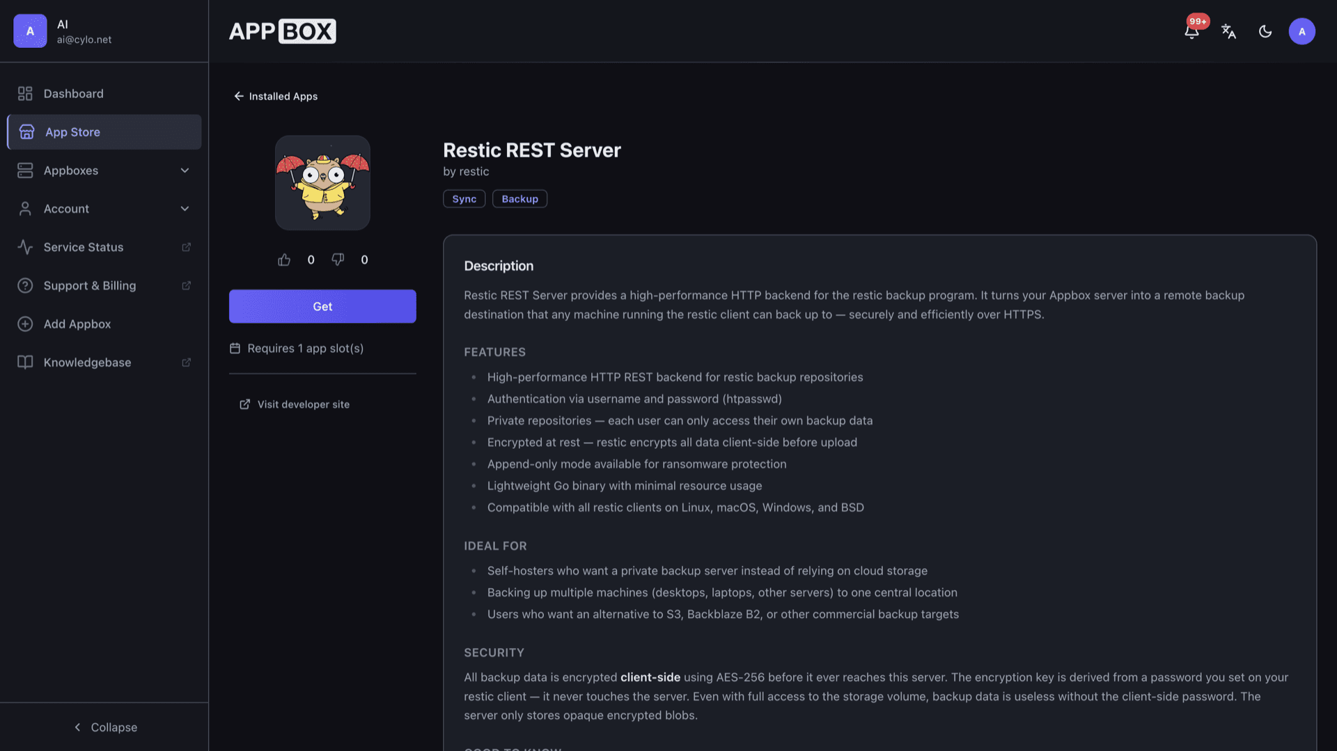App Store page for Restic REST Server showing description, feature bullets, security notes, and the purple Get button