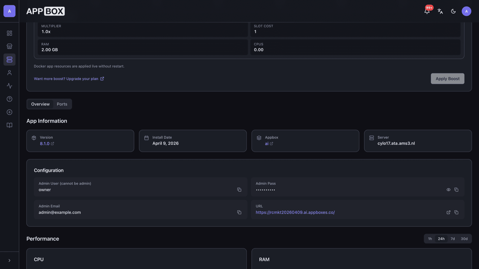 Appbox installed app Overview for Rocket.Chat 8.1.0 with Web UI URL, masked admin password, version, and resource summary
