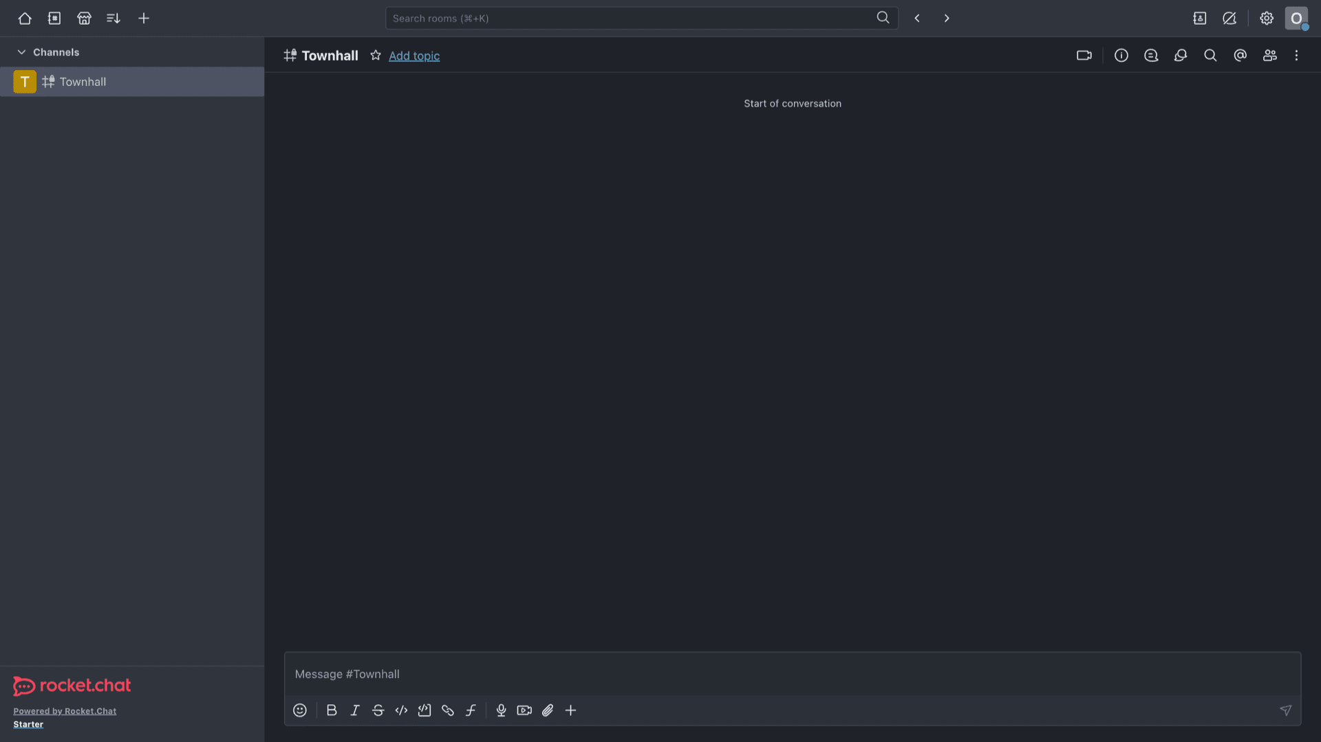 Rocket.Chat web client on your Appbox hostname with channels, threads, and message composer