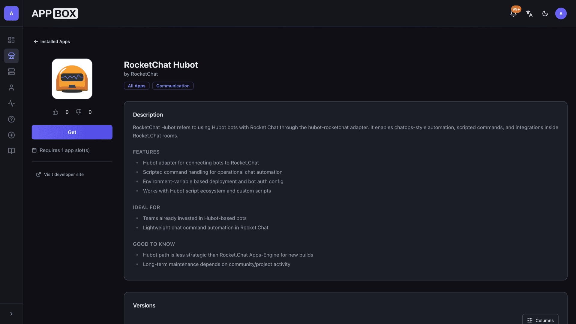 Appbox App Store page for RocketChat Hubot showing description, features, and Get button