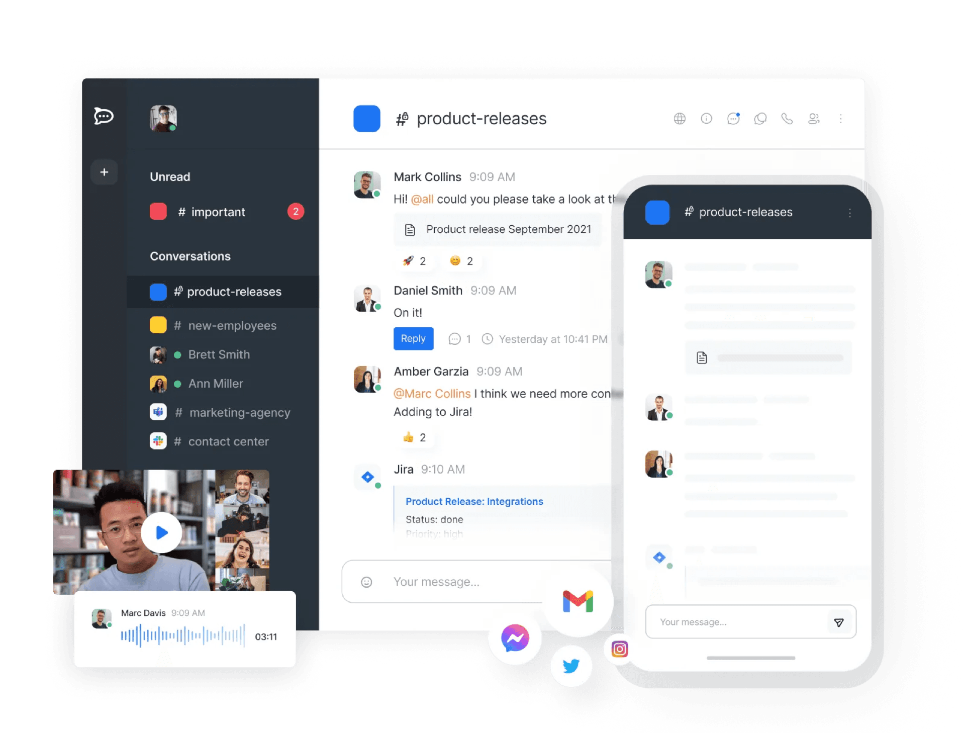 Rocket.Chat workspace and messaging UI (official Rocket.Chat marketing hero visual)