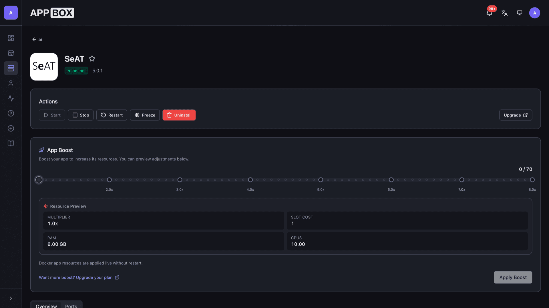 Appbox installed app Overview for SeAT showing online status, SeAT URL, admin login link, and SSH configuration