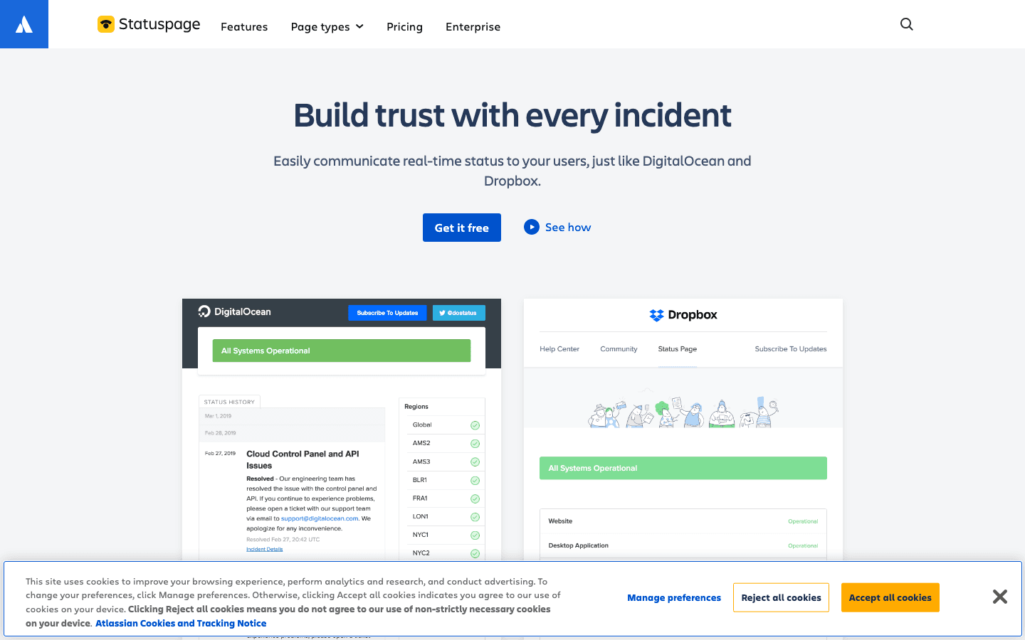 Atlassian Statuspage public product page captured for comparison context