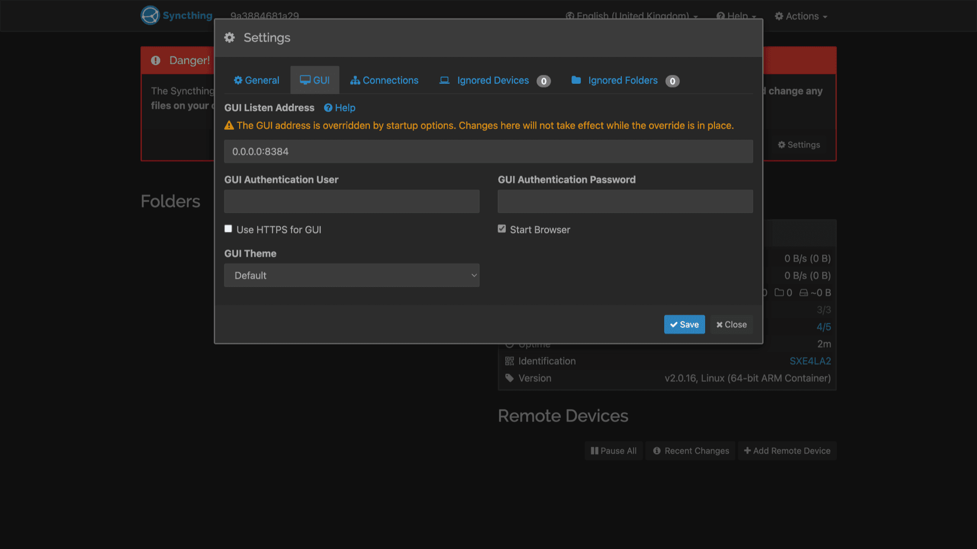 Syncthing Settings window on the GUI tab showing listen address, authentication fields, and theme options