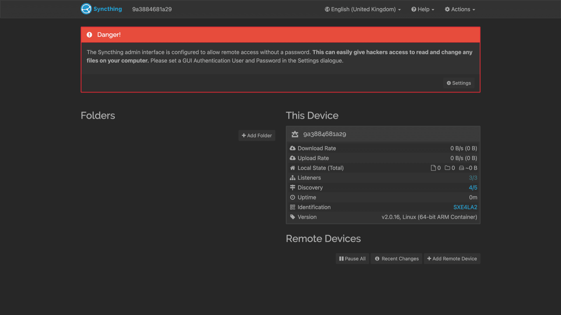 Syncthing web dashboard with Folders list, This Device status, and Remote Devices section