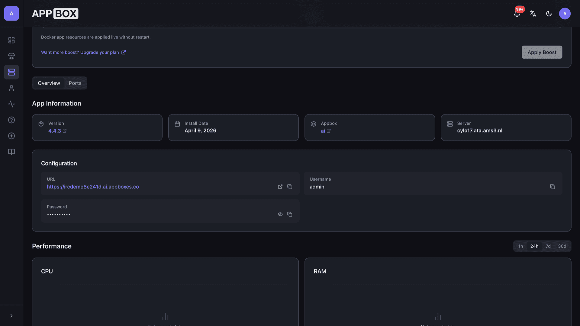 Appbox installed app Overview for The Lounge showing Web UI URL, version, and masked credentials