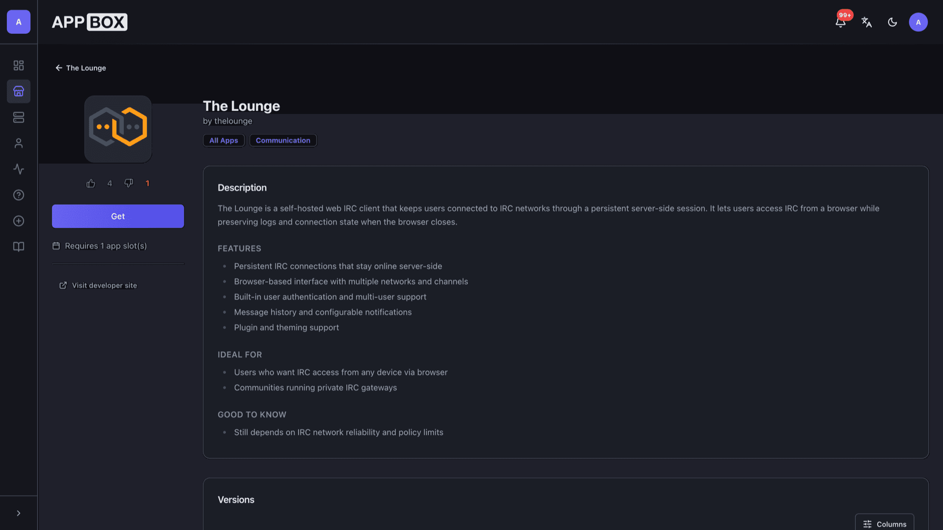 Appbox App Store page for The Lounge showing description, features list, Get button, and versions section