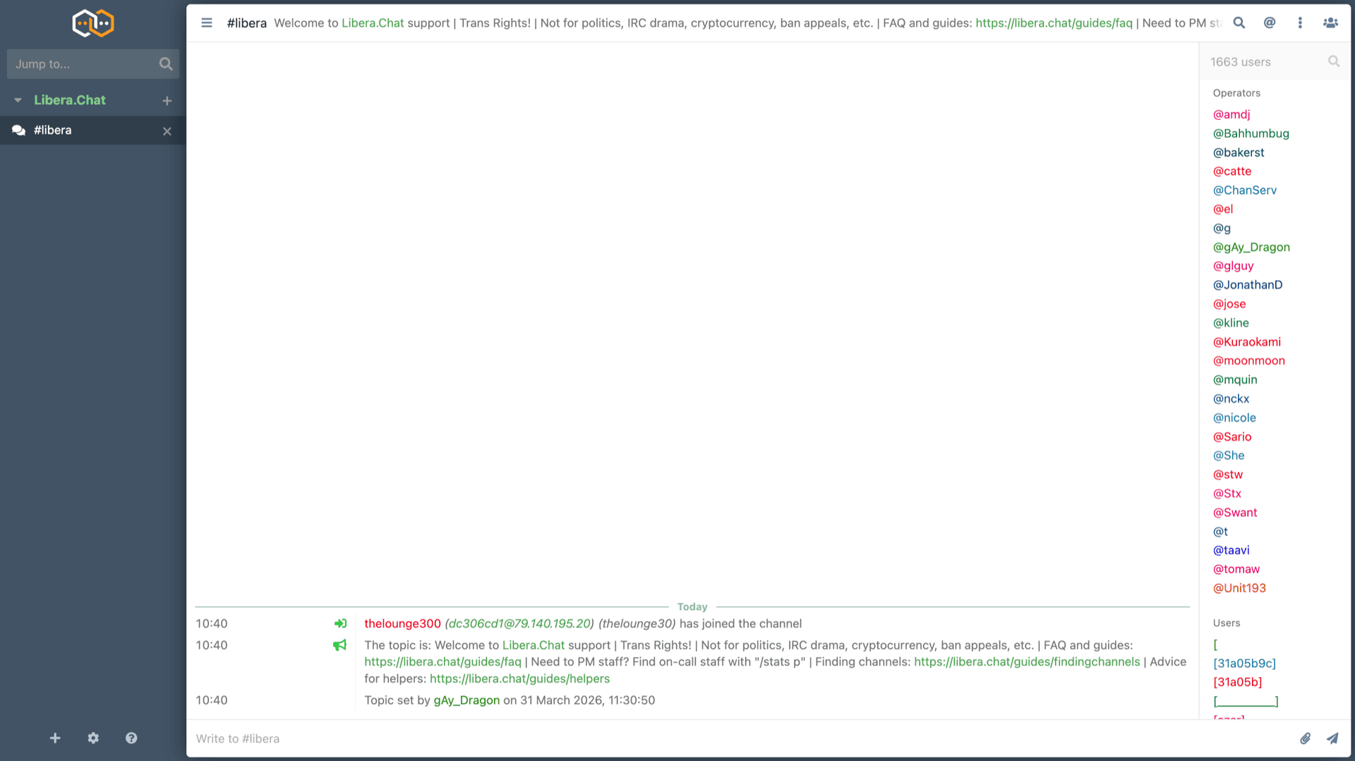 The Lounge web client connected to Libera.Chat in channel libera with topic, join messages, and user list