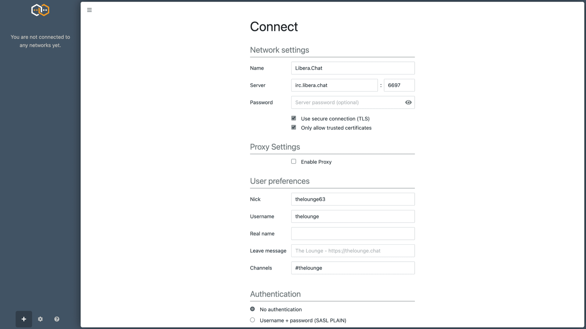 The Lounge Connect to network dialog with server hostname, nick, and TLS options