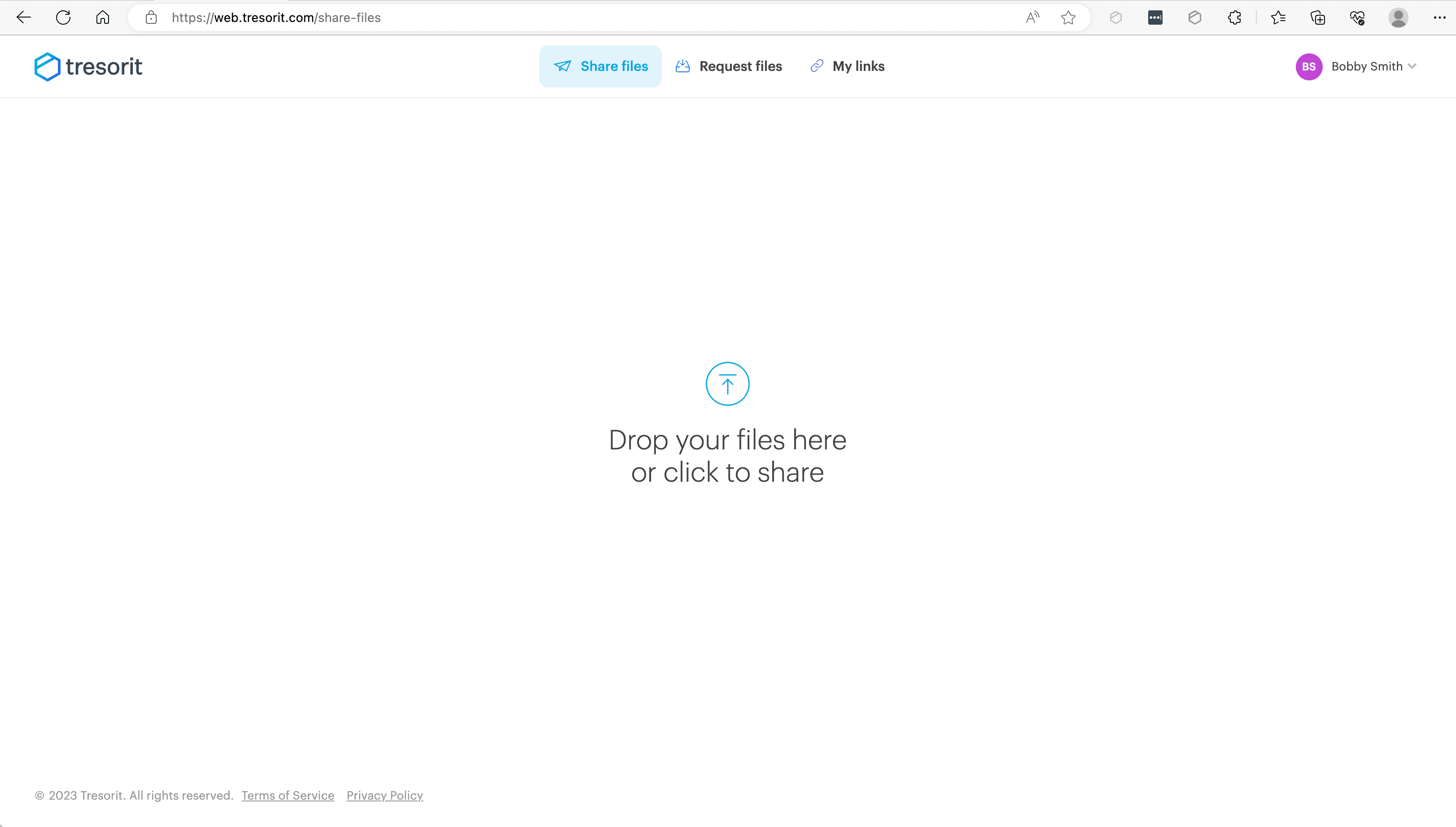 Tresorit FileSharing web interface for adding files and creating a secure shared link
