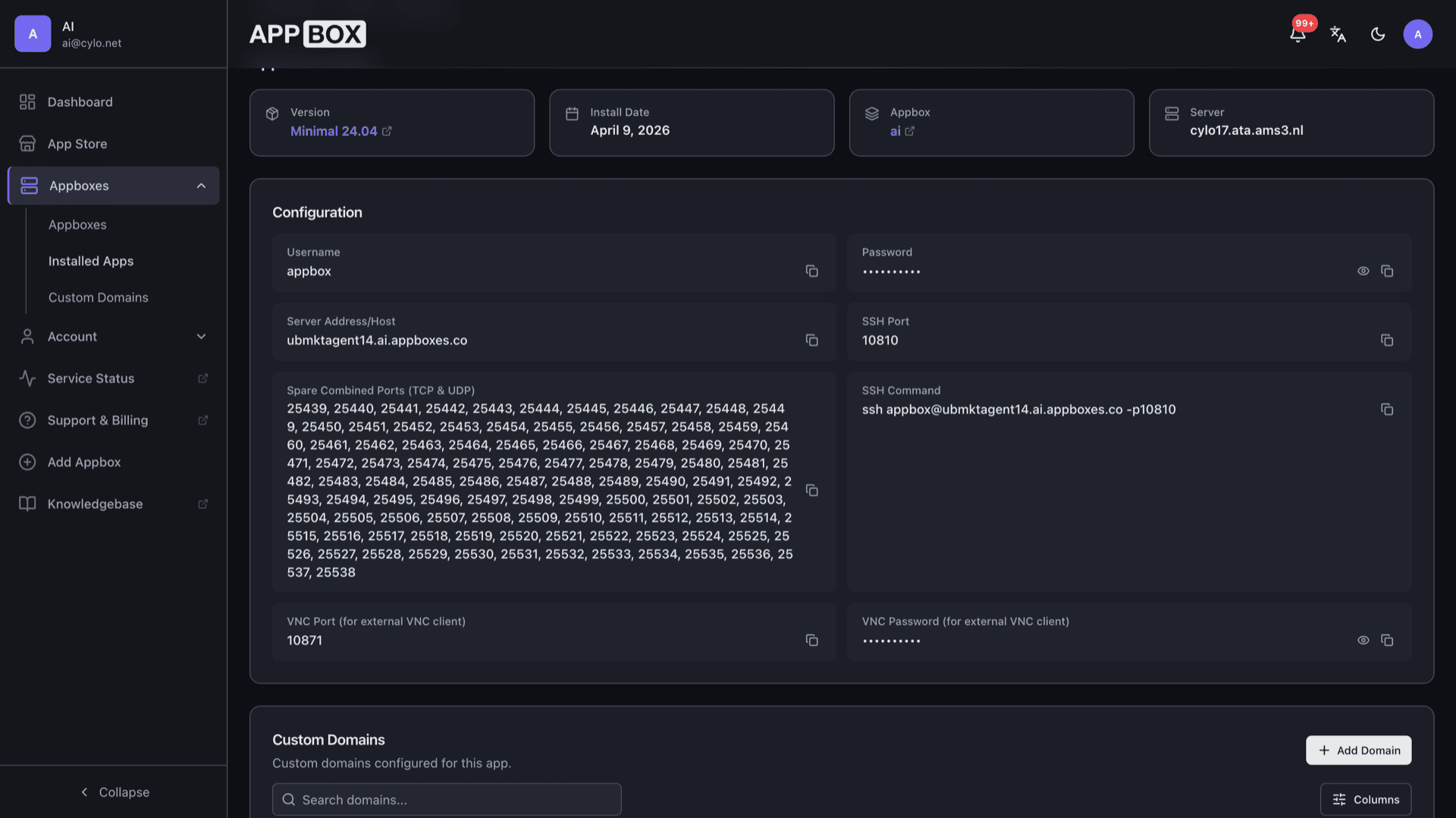 Installed Ubuntu VPS on Appbox: Overview tab with SSH hostname, port, masked passwords, and ssh command copy actions