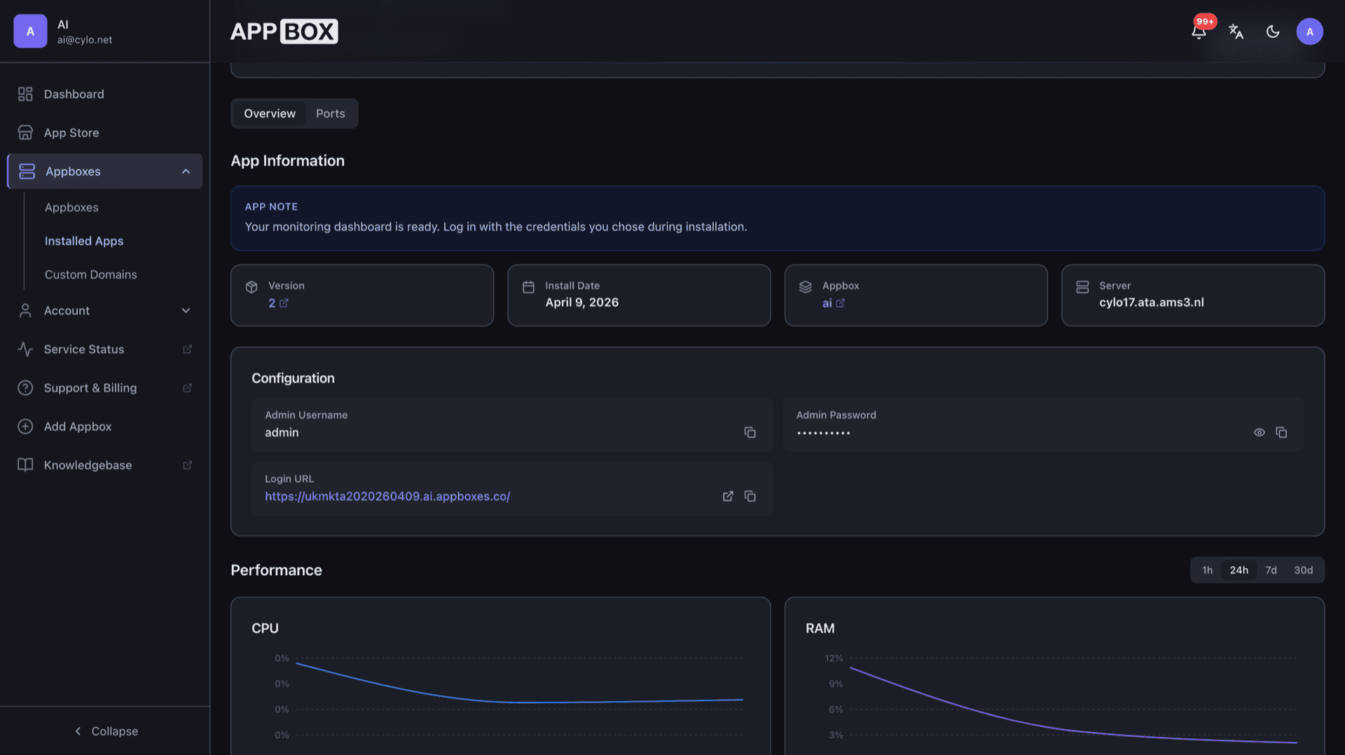 Appbox installed app Overview for Uptime Kuma with Web UI URL, masked admin password, Configuration, and performance charts