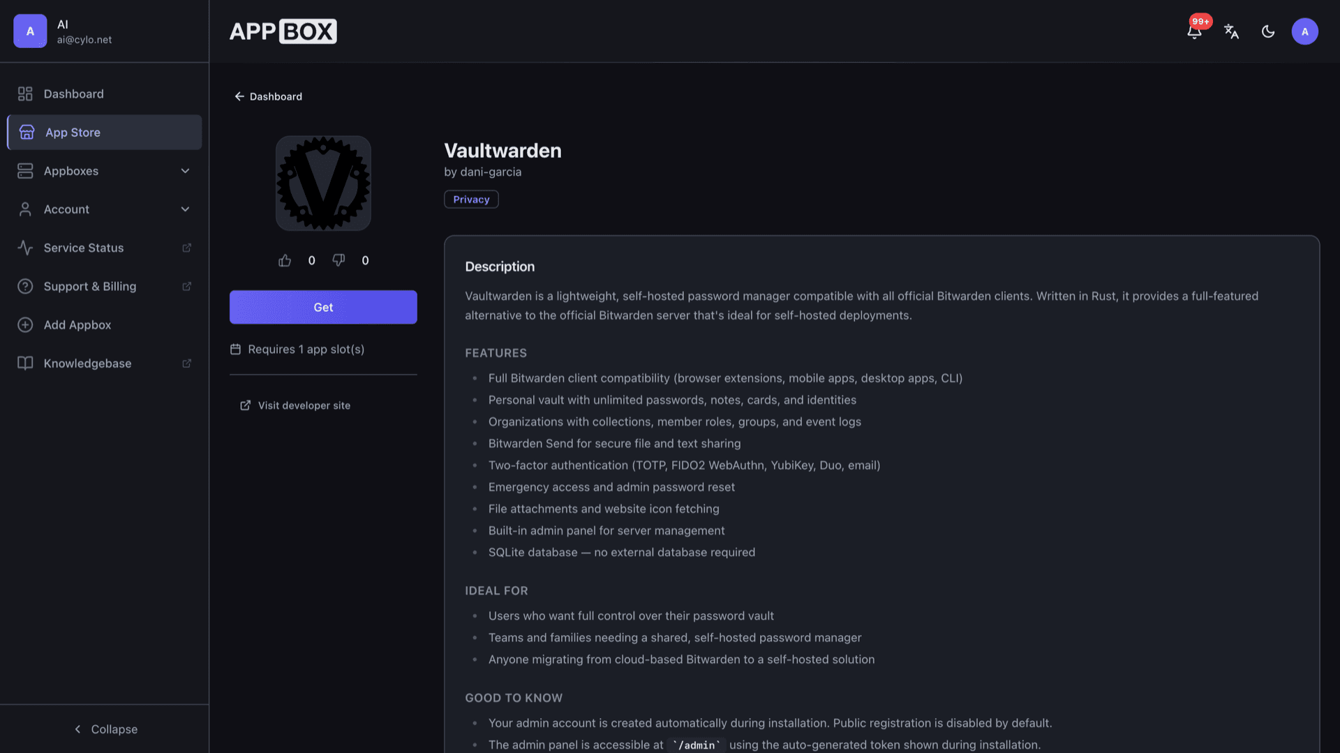 Appbox App Store page for Vaultwarden showing description, Get button, and feature bullets