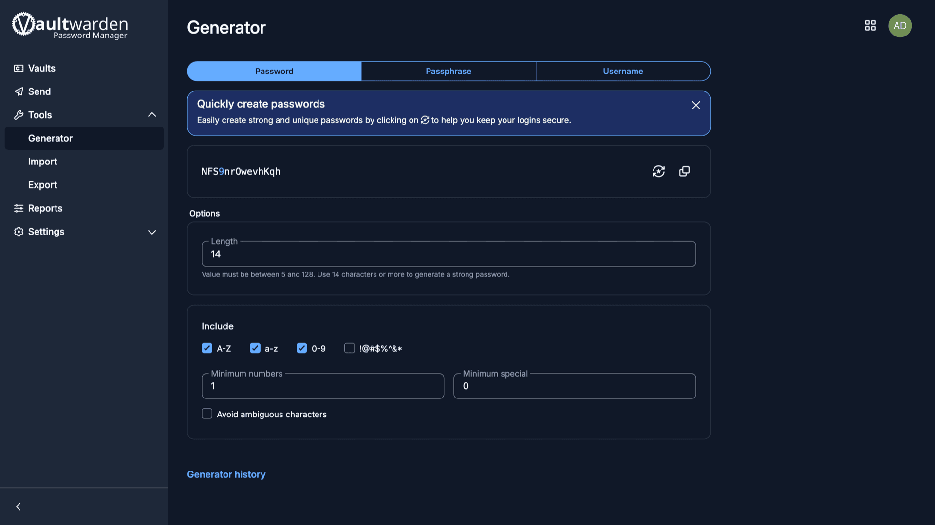 Vaultwarden Tools Generator view showing password options and generated password while signed in