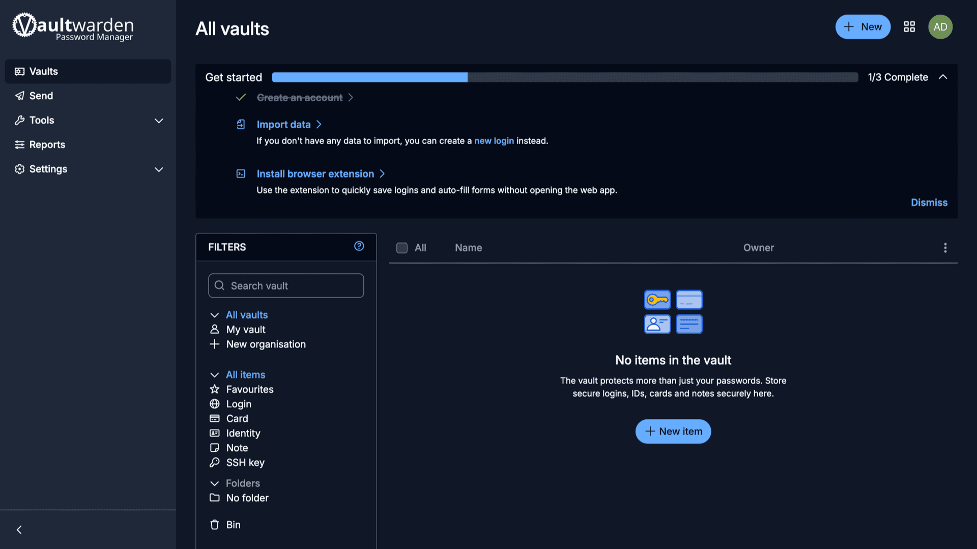 Vaultwarden web vault after sign-in with sidebar, filters, and empty vault welcome state