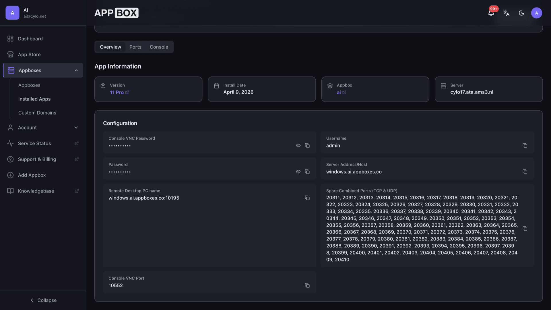 Appbox installed app Overview for Windows 11 Pro VPS showing RDP PC name, external host and port, masked credentials, spare ports, and console VNC port