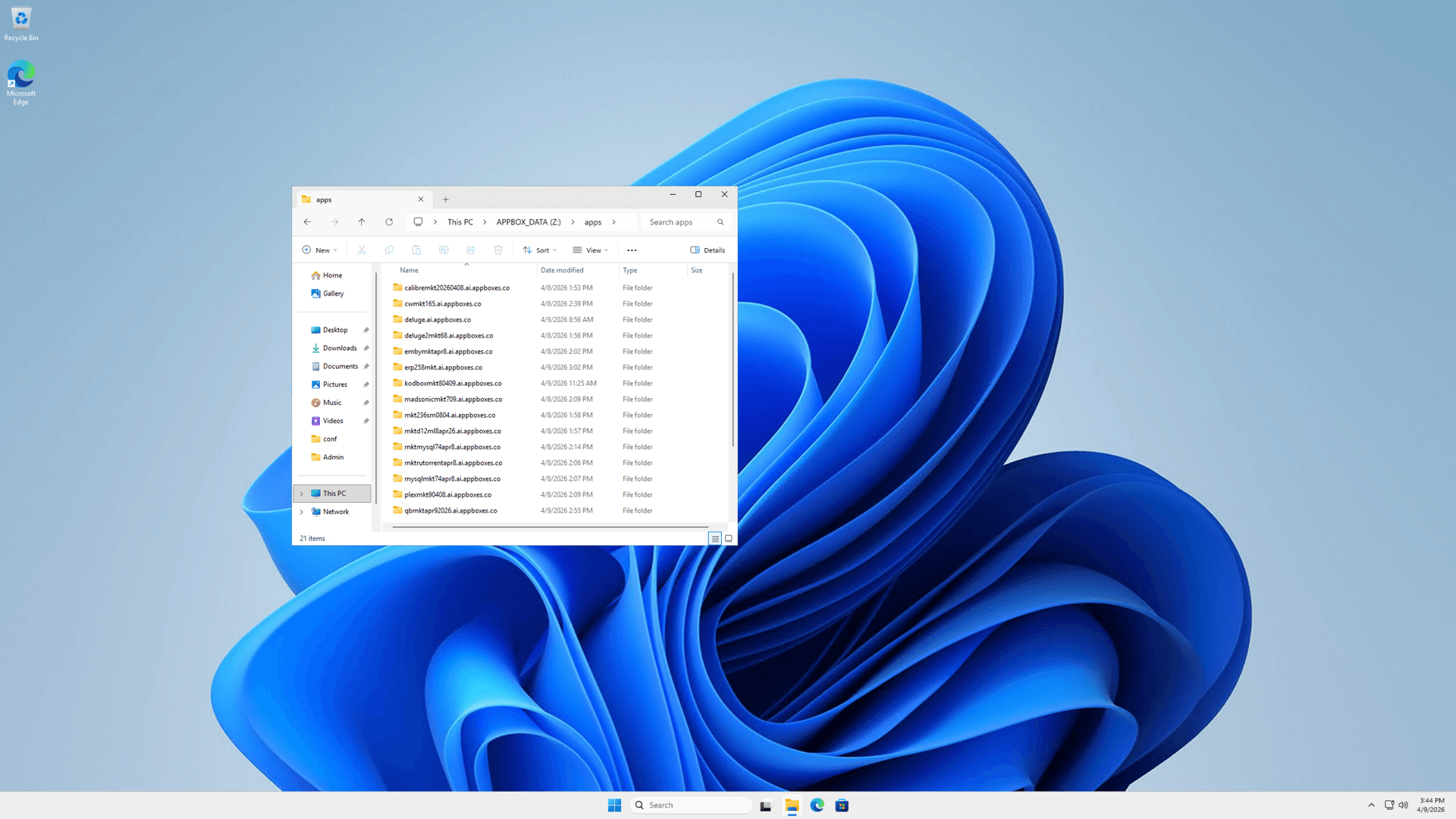 Windows 11 desktop in a Microsoft Remote Desktop session connected to the Appbox VPS, showing the taskbar and Start menu