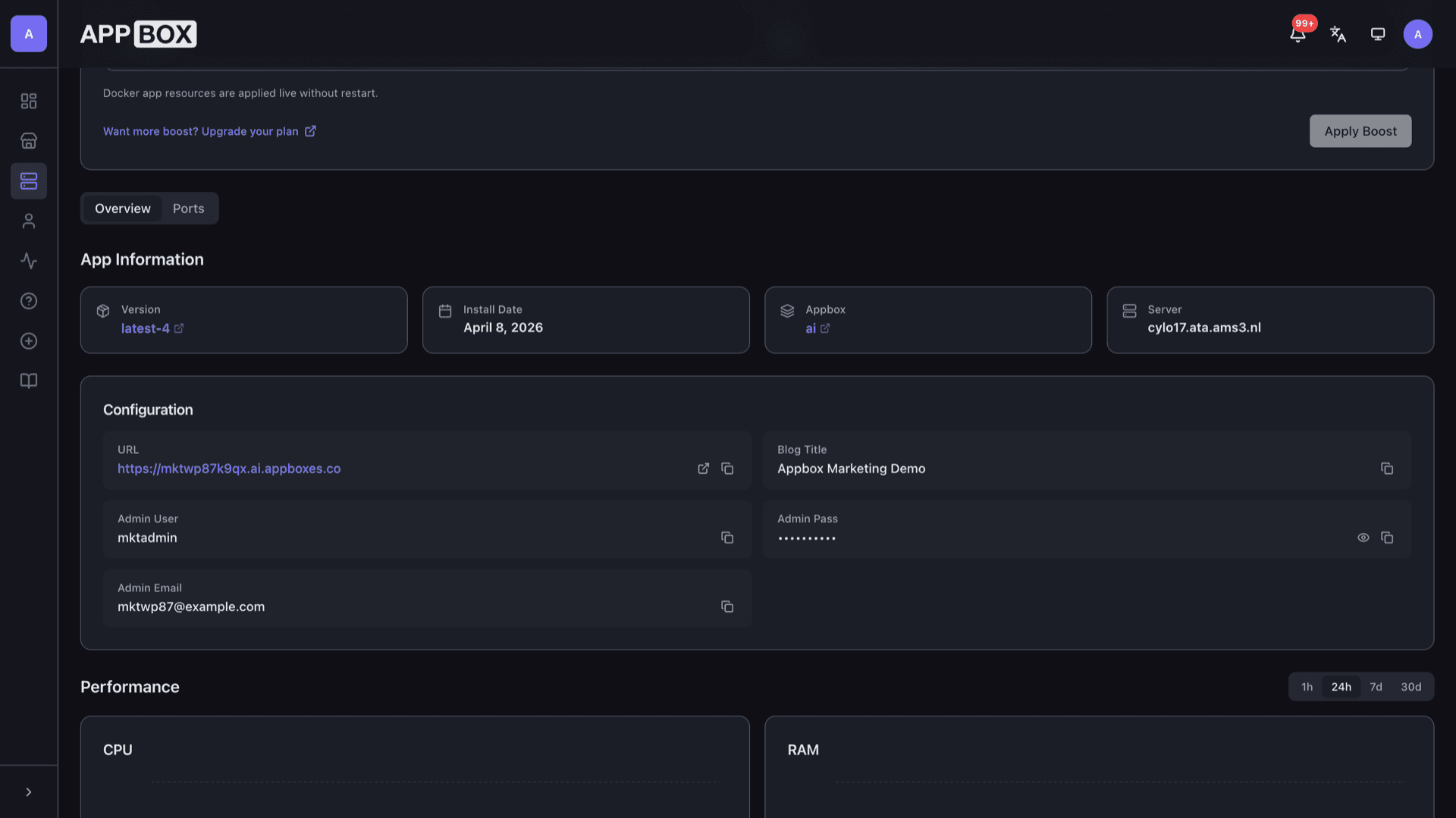 Appbox installed app overview for WordPress showing actions, site URL, and configuration fields including blog title and admin user