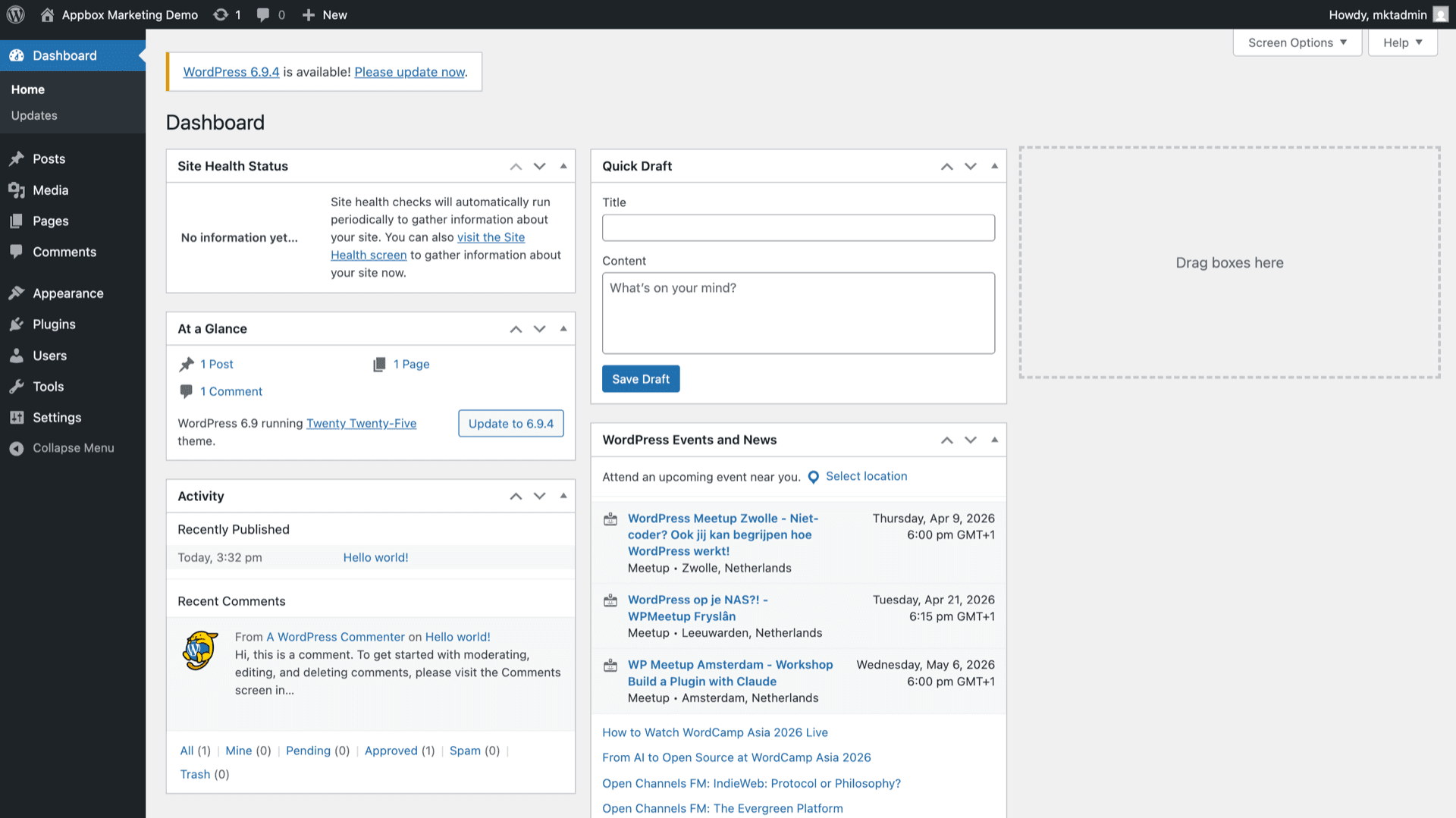 WordPress wp-admin dashboard after sign-in with widgets for site health, content summary, and activity