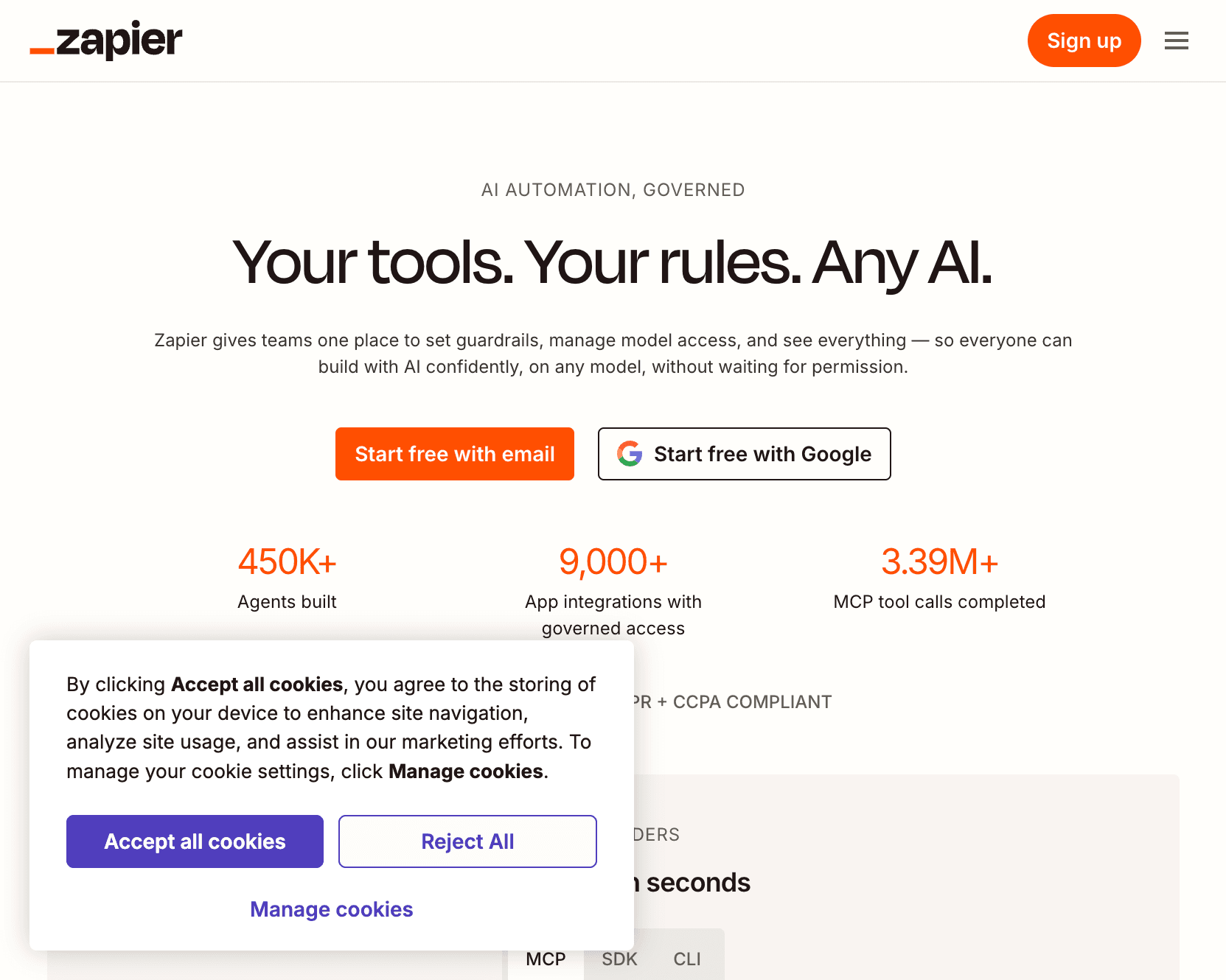 Zapier public product page showing automation and AI workflow positioning
