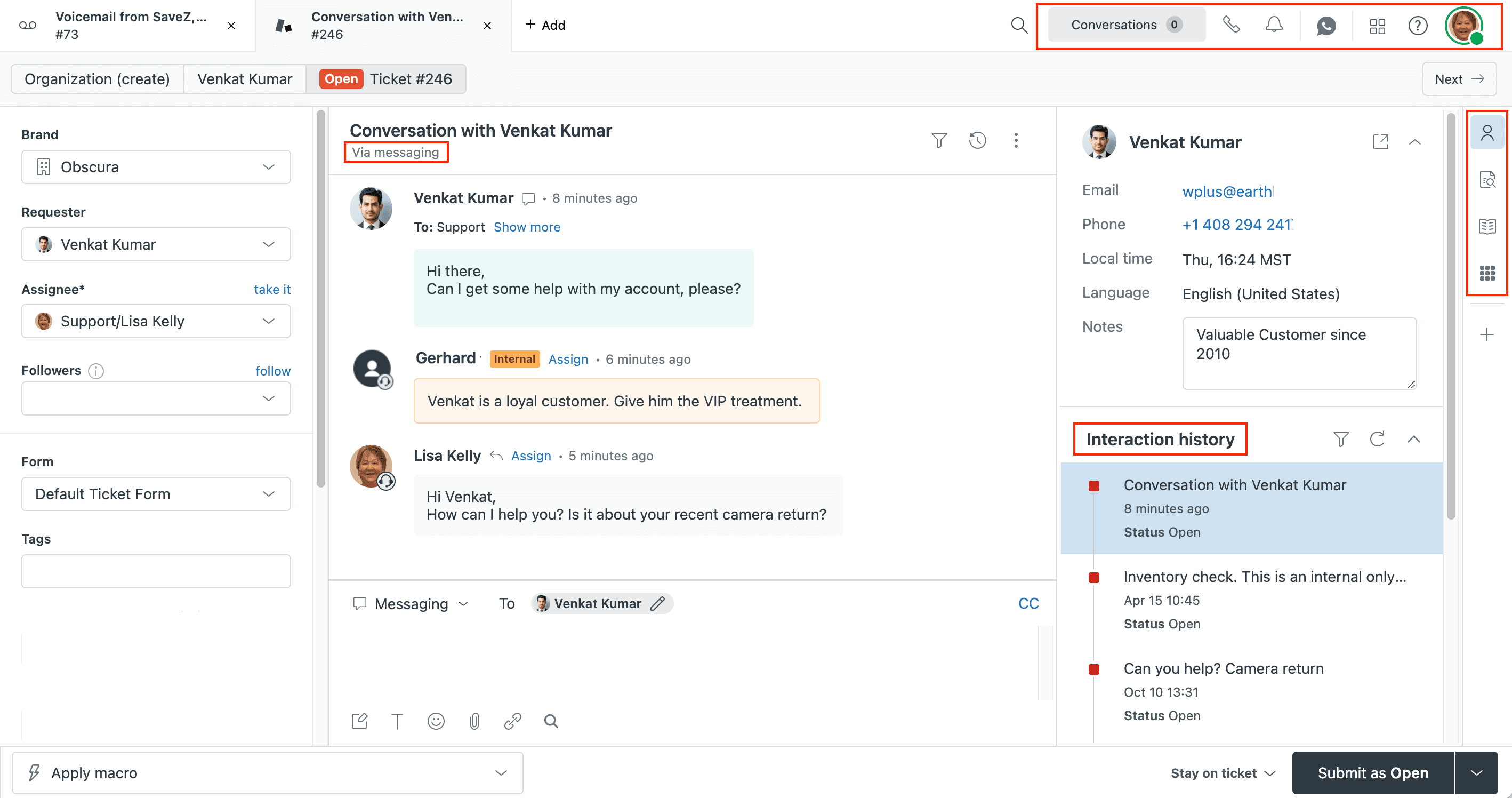 Zendesk Agent Workspace showing a support ticket conversation and customer context
