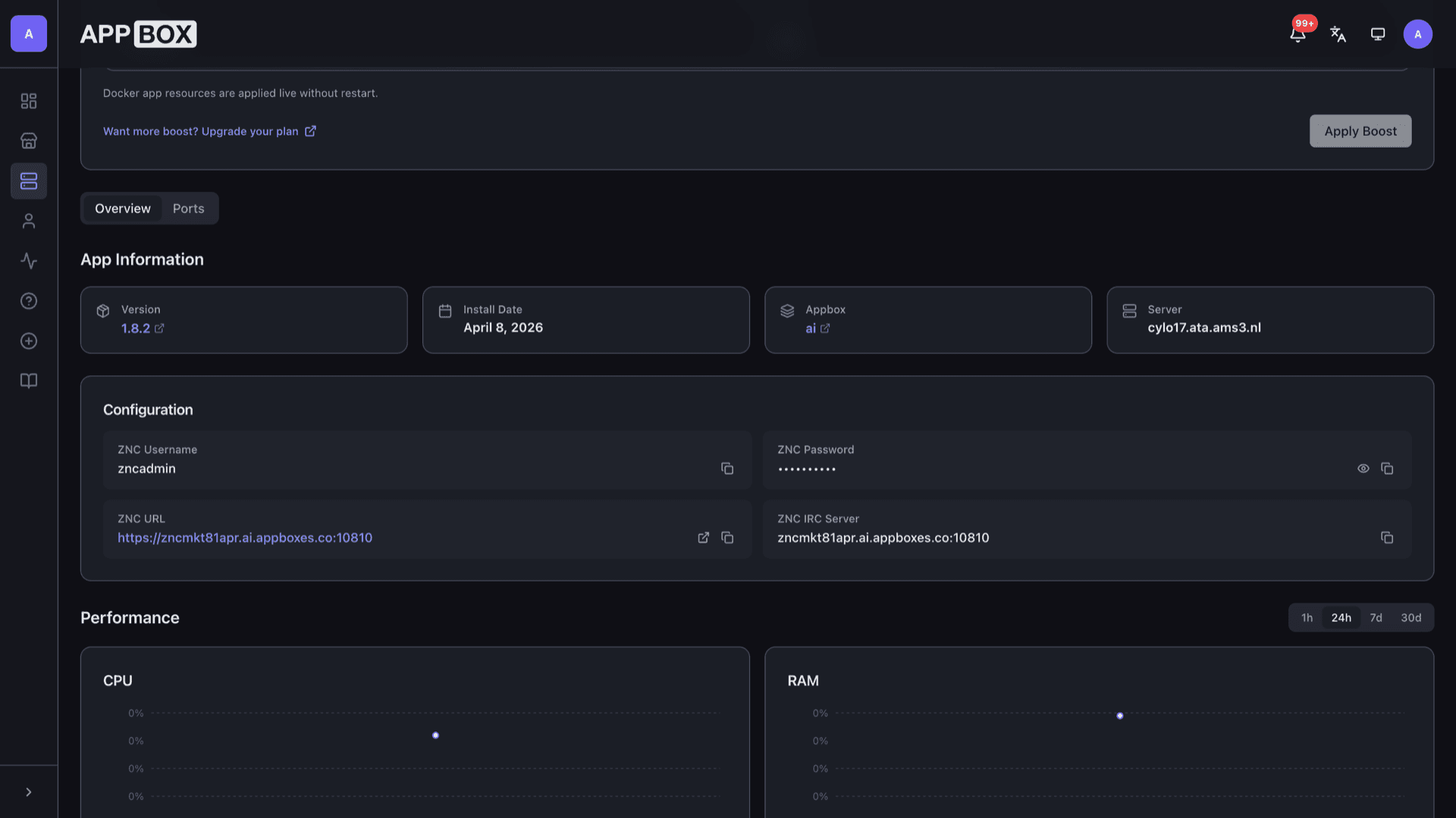 Appbox installed app Overview for ZNC showing ZNC URL, IRC server host and port, and masked password