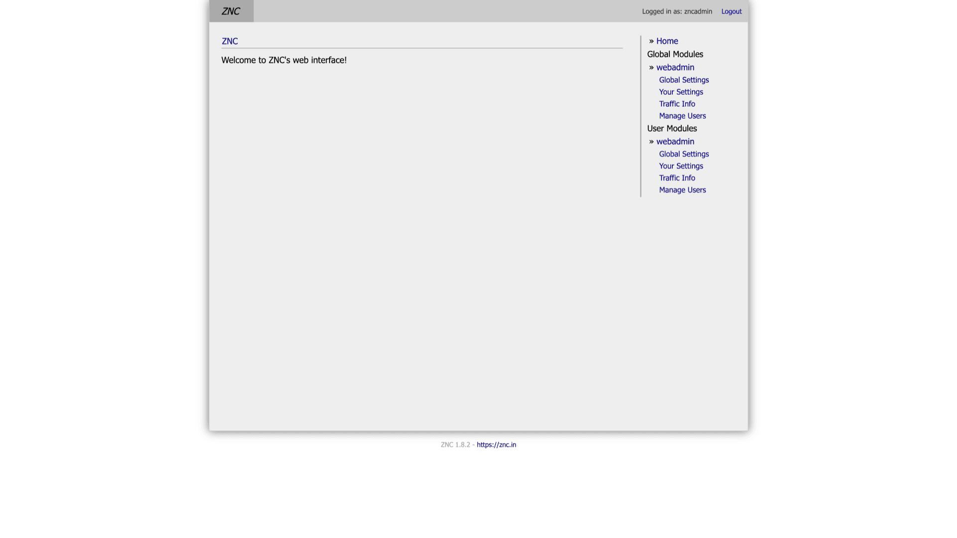 ZNC web interface home logged in as admin with navigation for Global Settings and Manage Users