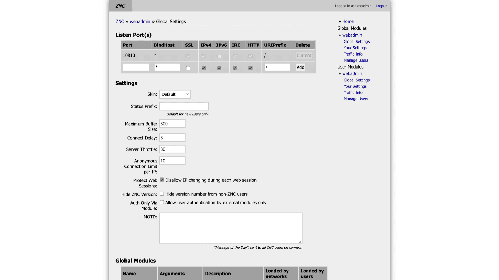 ZNC Global Settings page showing listen ports, skin, buffer size, and global module list