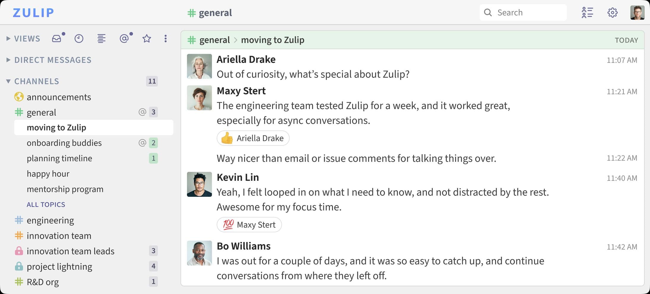 Zulip threaded chat interface showing topic-based conversations