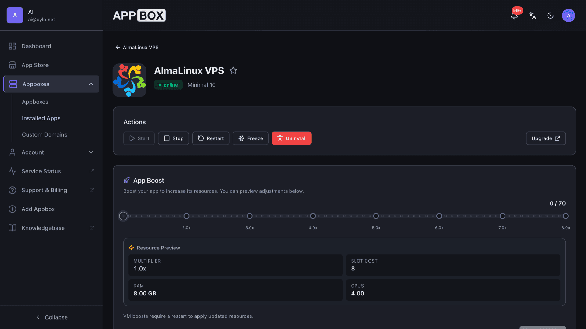 Installed AlmaLinux VPS on Appbox: Overview tab with SSH hostname, port, masked passwords, and ssh command copy actions