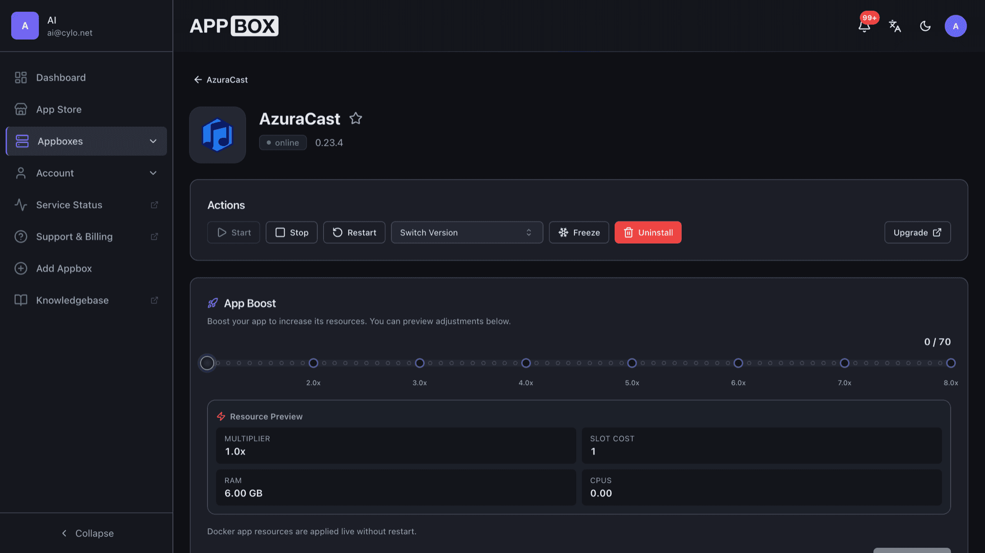 Appbox installed app overview for AzuraCast showing online status, Web UI link, and configuration fields