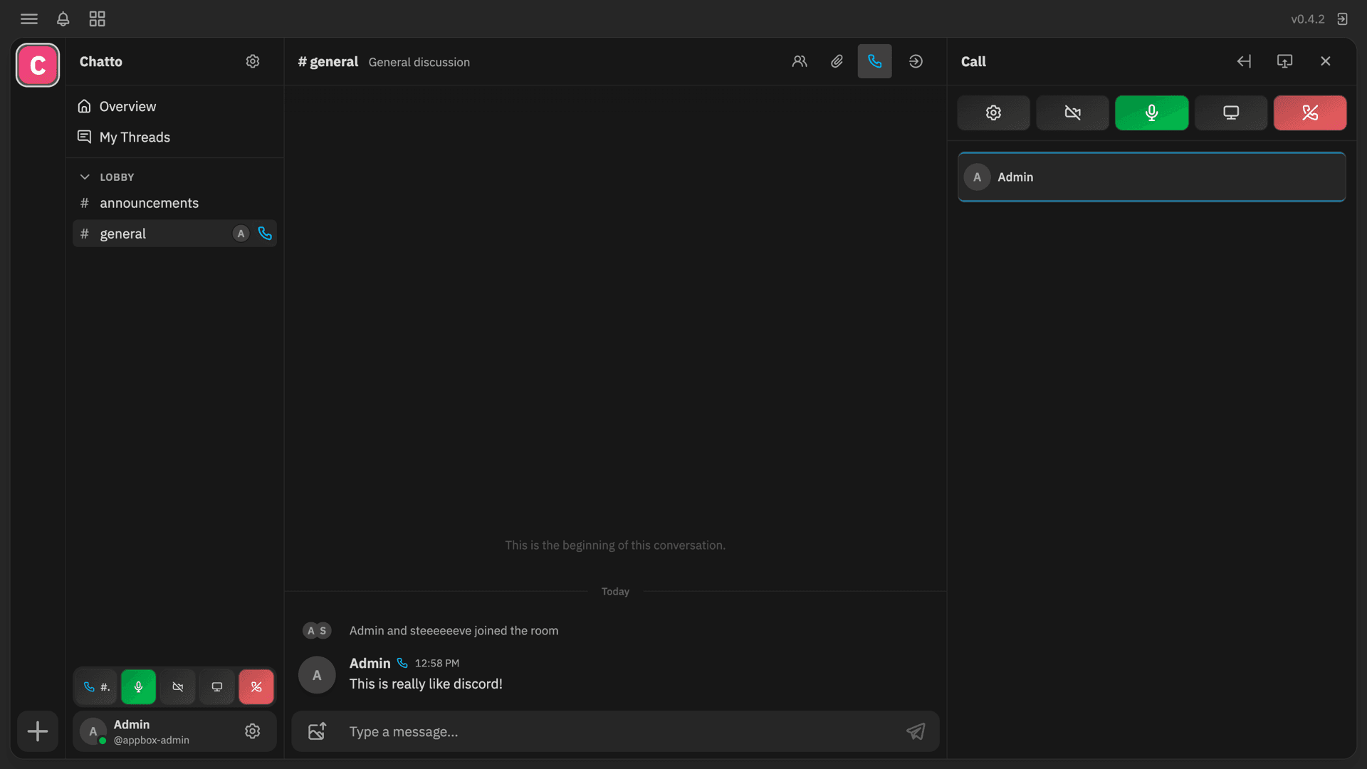 Chatto team chat interface showing rooms, conversations, members, and voice and video call controls