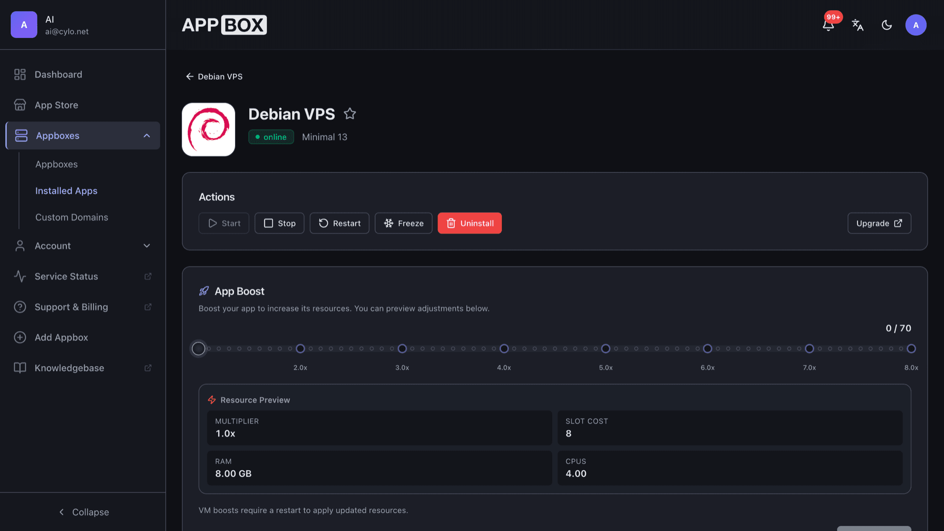 Installed Debian VPS on Appbox: Overview tab with SSH hostname, port, masked passwords, and ssh command copy actions