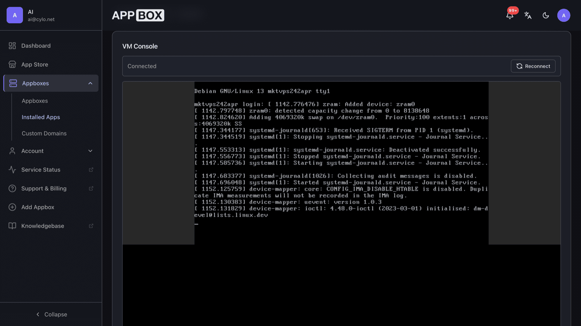 VM web console connected to a running Debian guest showing the login prompt after boot